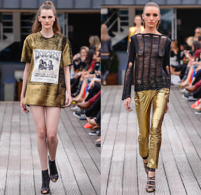 Pat Pat's by Patricia Viera 2014 Winter Womens Runway Collection - São Paulo Fashion Week Brazil - Inverno 2014 Mulheres Desfiles - Rock n Roll Grunge Snake Python Reptile Skin Print Leather Crop Top Midriff Bandeau Fringes Shorts Slashed Jeans Metallic Gold Silver