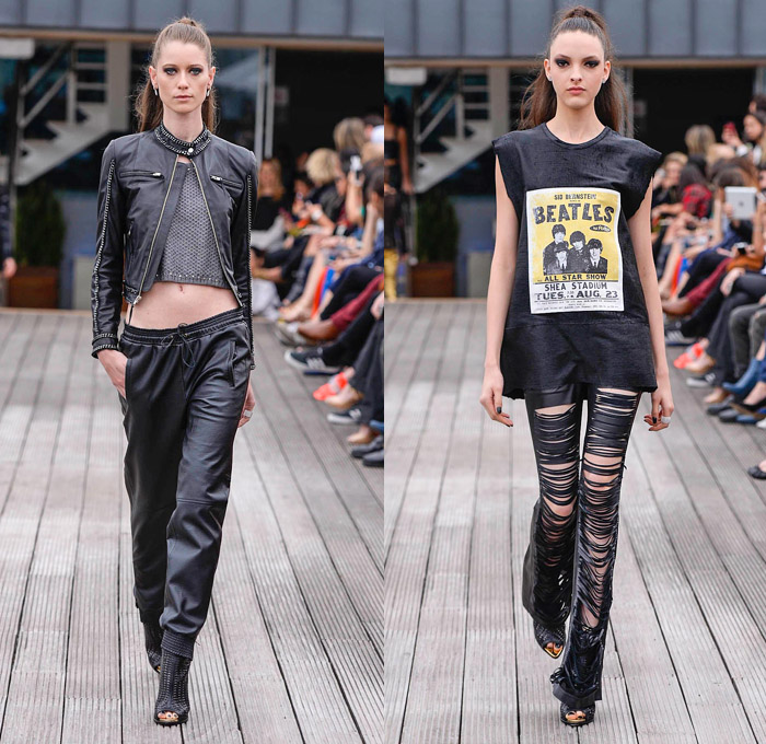 Pat Pat's by Patricia Viera 2014 Winter Womens Runway Collection - São Paulo Fashion Week Brazil - Inverno 2014 Mulheres Desfiles - Rock n Roll Grunge Snake Python Reptile Skin Print Leather Crop Top Midriff Bandeau Fringes Shorts Slashed Jeans Metallic Gold Silver