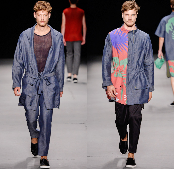 R.Groove by Rique Gonçalves 2014 Winter Southern Hemisphere Mens Runway Collection - Fashion Rio Brazil Moda Brasileira - Inverno 2014 Homens Desfiles - Denim Jeans Slouchy Robe Loungewear Tropical Palm Trees Leaves Crabs Print Motif Sleeveless Vest Tank Top Solids Jazz Beach Surf