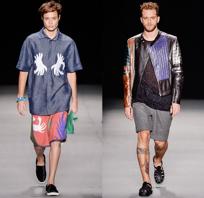 R.Groove by Rique Gonçalves 2014 Winter Southern Hemisphere Mens Runway Collection - Fashion Rio Brazil Moda Brasileira - Inverno 2014 Homens Desfiles - Denim Jeans Slouchy Robe Loungewear Tropical Palm Trees Leaves Crabs Print Motif Sleeveless Vest Tank Top Solids Jazz Beach Surf