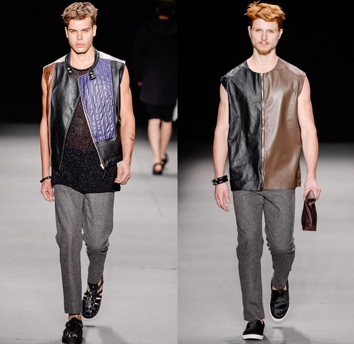 R.Groove by Rique Gonçalves 2014 Winter Southern Hemisphere Mens Runway Collection - Fashion Rio Brazil Moda Brasileira - Inverno 2014 Homens Desfiles - Denim Jeans Slouchy Robe Loungewear Tropical Palm Trees Leaves Crabs Print Motif Sleeveless Vest Tank Top Solids Jazz Beach Surf