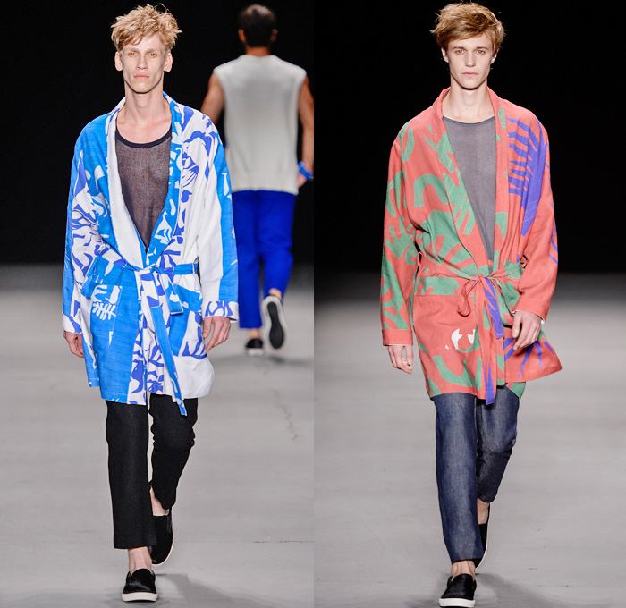 R.Groove by Rique Gonçalves 2014 Winter Southern Hemisphere Mens Runway Collection - Fashion Rio Brazil Moda Brasileira - Inverno 2014 Homens Desfiles - Denim Jeans Slouchy Robe Loungewear Tropical Palm Trees Leaves Crabs Print Motif Sleeveless Vest Tank Top Solids Jazz Beach Surf