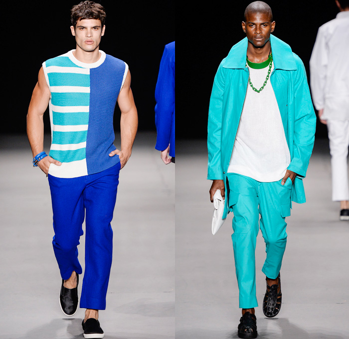 R.Groove by Rique Gonçalves 2014 Winter Southern Hemisphere Mens Runway Collection - Fashion Rio Brazil Moda Brasileira - Inverno 2014 Homens Desfiles - Denim Jeans Slouchy Robe Loungewear Tropical Palm Trees Leaves Crabs Print Motif Sleeveless Vest Tank Top Solids Jazz Beach Surf