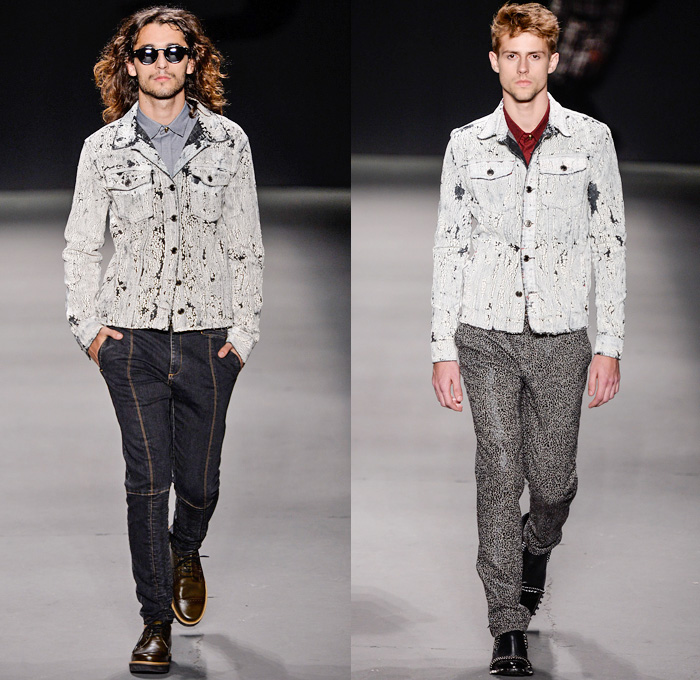 TNG 2014 Winter Southern Hemisphere Mens Runway Collection - Fashion Rio Brazil Moda Brasileira - Inverno 2014 Homens Desfiles - Punk Grunge Motorcycle Biker Denim Jeans Coated Crackle Metallic Studs Spikes Animal Leopard Chunky Knitwear Outerwear Coats Jackets