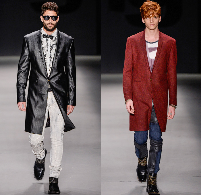 TNG 2014 Winter Southern Hemisphere Mens Runway Collection - Fashion Rio Brazil Moda Brasileira - Inverno 2014 Homens Desfiles - Punk Grunge Motorcycle Biker Denim Jeans Coated Crackle Metallic Studs Spikes Animal Leopard Chunky Knitwear Outerwear Coats Jackets