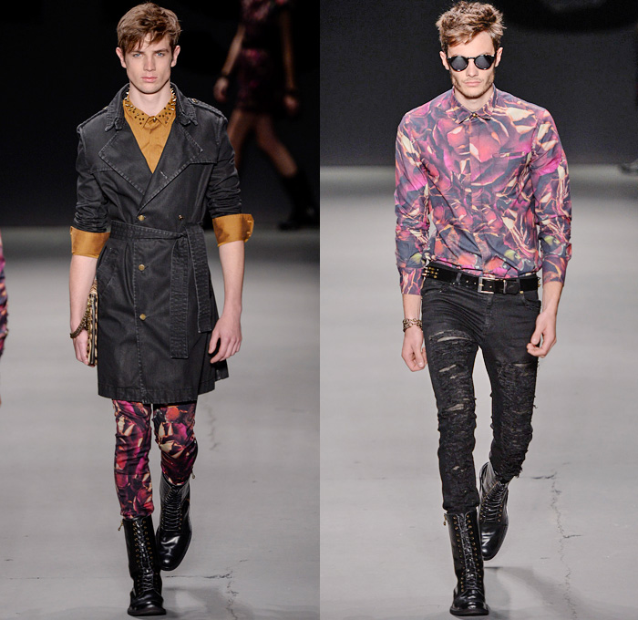 TNG 2014 Winter Southern Hemisphere Mens Runway Collection - Fashion Rio Brazil Moda Brasileira - Inverno 2014 Homens Desfiles - Punk Grunge Motorcycle Biker Denim Jeans Coated Crackle Metallic Studs Spikes Animal Leopard Chunky Knitwear Outerwear Coats Jackets