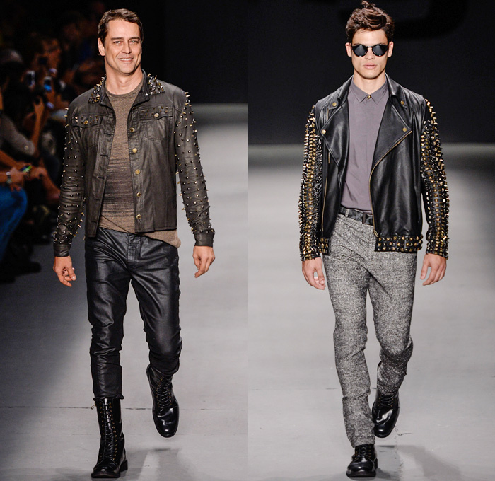 TNG 2014 Winter Southern Hemisphere Mens Runway Collection - Fashion Rio Brazil Moda Brasileira - Inverno 2014 Homens Desfiles - Punk Grunge Motorcycle Biker Denim Jeans Coated Crackle Metallic Studs Spikes Animal Leopard Chunky Knitwear Outerwear Coats Jackets