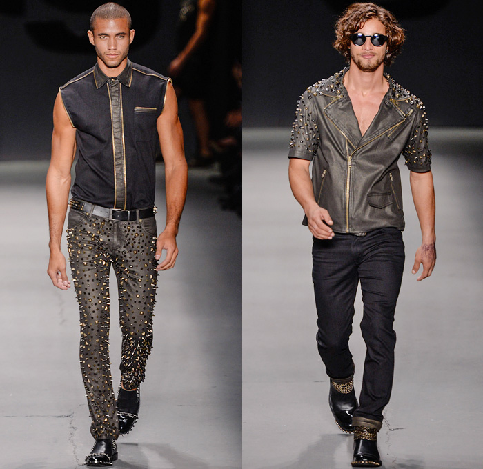 TNG 2014 Winter Southern Hemisphere Mens Runway Collection - Fashion Rio Brazil Moda Brasileira - Inverno 2014 Homens Desfiles - Punk Grunge Motorcycle Biker Denim Jeans Coated Crackle Metallic Studs Spikes Animal Leopard Chunky Knitwear Outerwear Coats Jackets