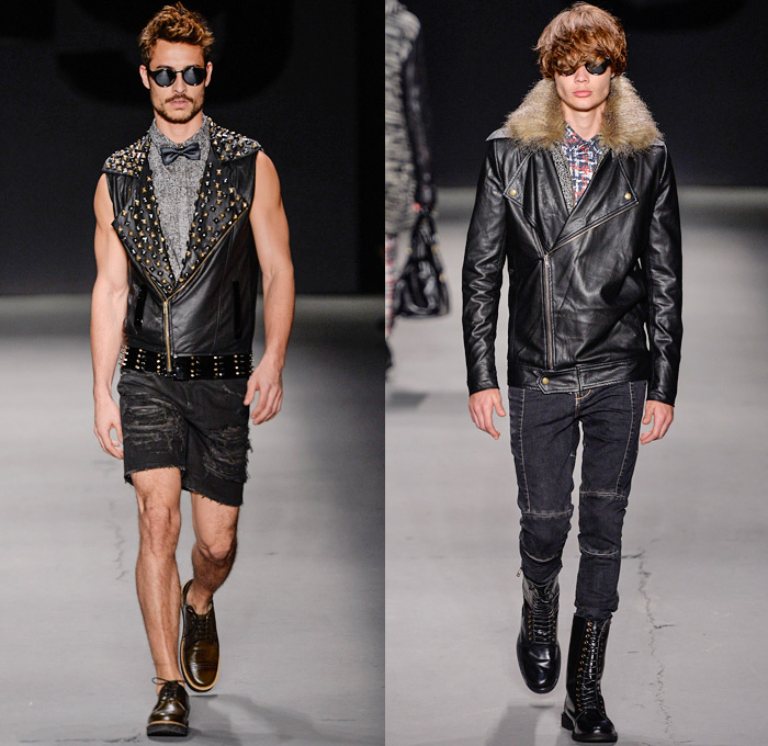 TNG 2014 Winter Southern Hemisphere Mens Runway Collection - Fashion Rio Brazil Moda Brasileira - Inverno 2014 Homens Desfiles - Punk Grunge Motorcycle Biker Denim Jeans Coated Crackle Metallic Studs Spikes Animal Leopard Chunky Knitwear Outerwear Coats Jackets