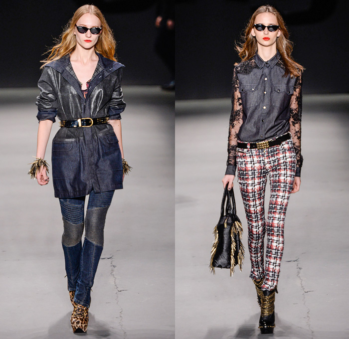 TNG 2014 Winter Southern Hemisphere Womens Runway Collection - Fashion Rio Brazil Moda Brasileira - Inverno 2014 Mulheres Desfiles - Punk Grunge Motorcycle Biker Denim Jeans Coated Crackle Metallic Studs Spikes Sheer Peek-A-Boo Lace Animal Leopard Chunky Knitwear