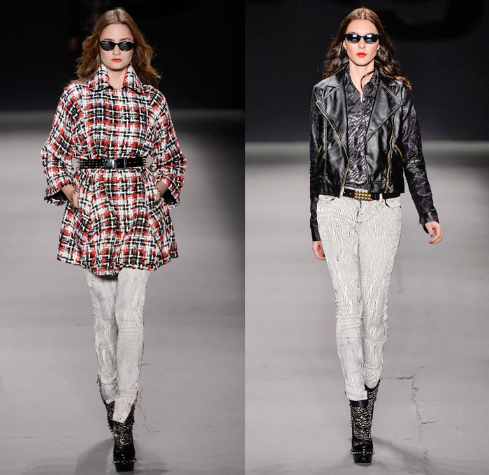 TNG 2014 Winter Southern Hemisphere Womens Runway Collection - Fashion Rio Brazil Moda Brasileira - Inverno 2014 Mulheres Desfiles - Punk Grunge Motorcycle Biker Denim Jeans Coated Crackle Metallic Studs Spikes Sheer Peek-A-Boo Lace Animal Leopard Chunky Knitwear