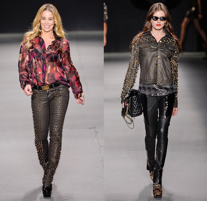 TNG 2014 Winter Southern Hemisphere Womens Runway Collection - Fashion Rio Brazil Moda Brasileira - Inverno 2014 Mulheres Desfiles - Punk Grunge Motorcycle Biker Denim Jeans Coated Crackle Metallic Studs Spikes Sheer Peek-A-Boo Lace Animal Leopard Chunky Knitwear