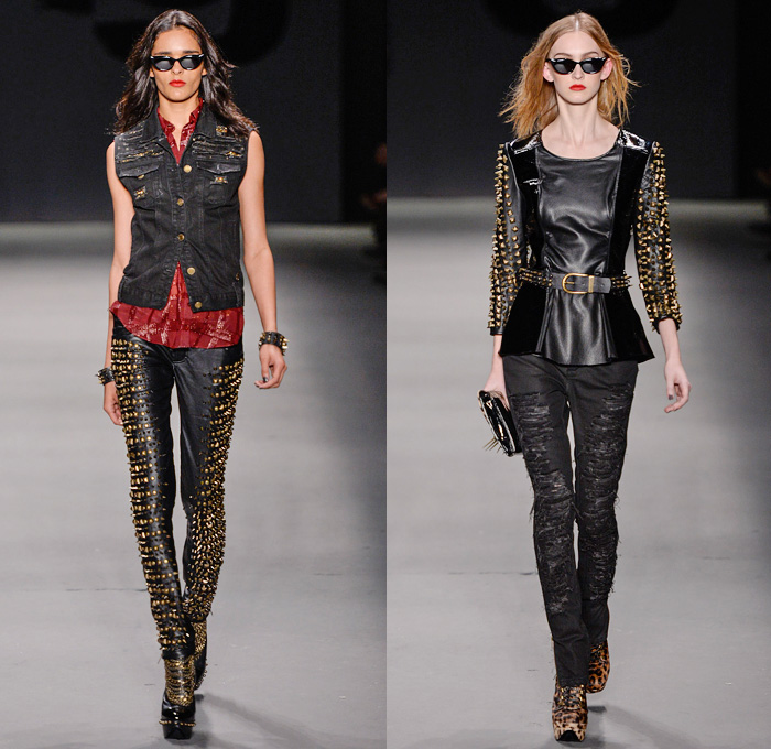 TNG 2014 Winter Southern Hemisphere Womens Runway Collection - Fashion Rio Brazil Moda Brasileira - Inverno 2014 Mulheres Desfiles - Punk Grunge Motorcycle Biker Denim Jeans Coated Crackle Metallic Studs Spikes Sheer Peek-A-Boo Lace Animal Leopard Chunky Knitwear