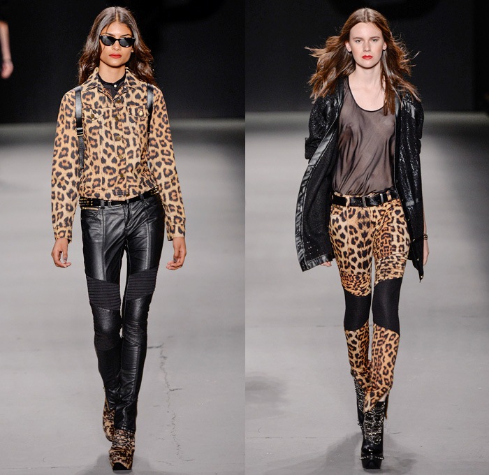 TNG 2014 Winter Southern Hemisphere Womens Runway Collection - Fashion Rio Brazil Moda Brasileira - Inverno 2014 Mulheres Desfiles - Punk Grunge Motorcycle Biker Denim Jeans Coated Crackle Metallic Studs Spikes Sheer Peek-A-Boo Lace Animal Leopard Chunky Knitwear