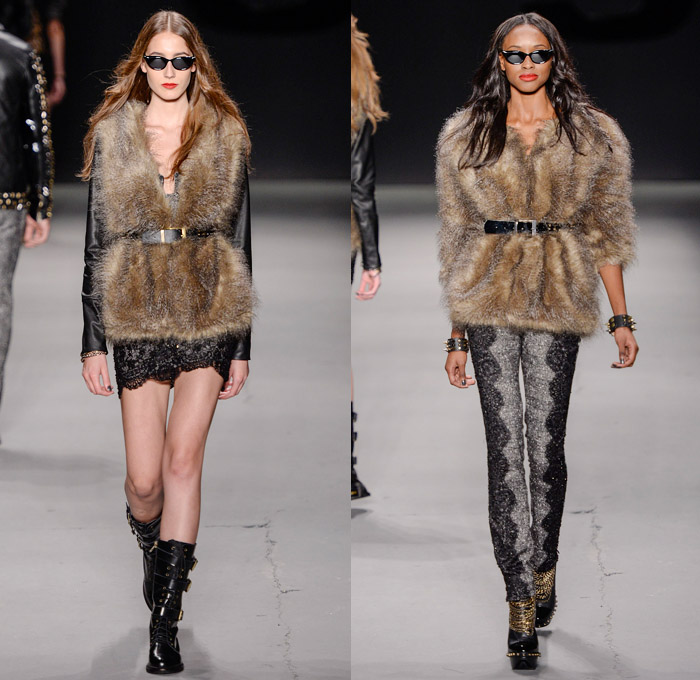 TNG 2014 Winter Southern Hemisphere Womens Runway Collection - Fashion Rio Brazil Moda Brasileira - Inverno 2014 Mulheres Desfiles - Punk Grunge Motorcycle Biker Denim Jeans Coated Crackle Metallic Studs Spikes Sheer Peek-A-Boo Lace Animal Leopard Chunky Knitwear