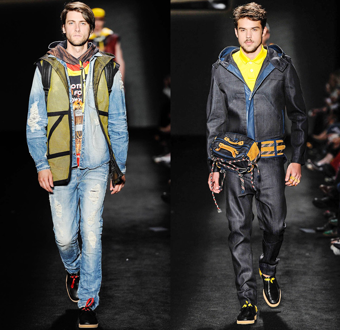 Triton 2014 Winter Mens Runway Collection - São Paulo Fashion Week Brazil - Inverno 2014 Homens Desfiles - Destroyed Denim Jeans Coated Waxed Dark Wash Outerwear Outdoorsman Coat Parka Vest Multi-Panel 