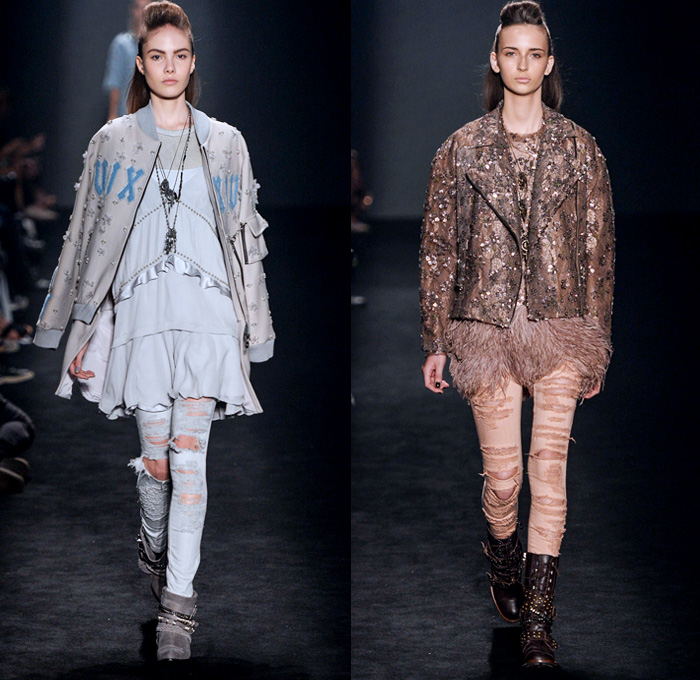 Triton 2014 Winter Womens Runway Collection - São Paulo Fashion Week Brazil - Inverno 2014 Mulheres Desfiles - Destroyed Ripped Skinny Colored Denim Jeans Floral Embroidery Embellishments Sheer Chiffon Peek-A-Boo Grunge Rock Punk Bomber Jacket Ruffles Pleats 