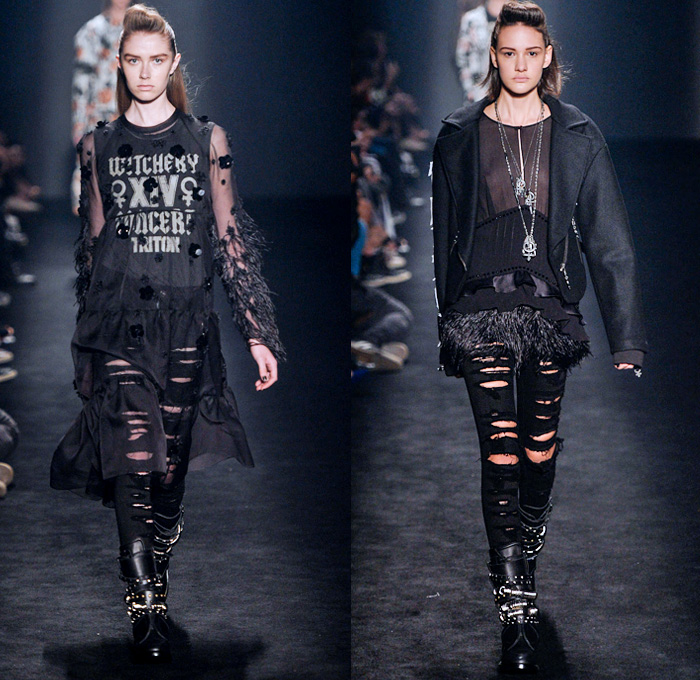 Triton 2014 Winter Womens Runway Collection - São Paulo Fashion Week Brazil - Inverno 2014 Mulheres Desfiles - Destroyed Ripped Skinny Colored Denim Jeans Floral Embroidery Embellishments Sheer Chiffon Peek-A-Boo Grunge Rock Punk Bomber Jacket Ruffles Pleats 