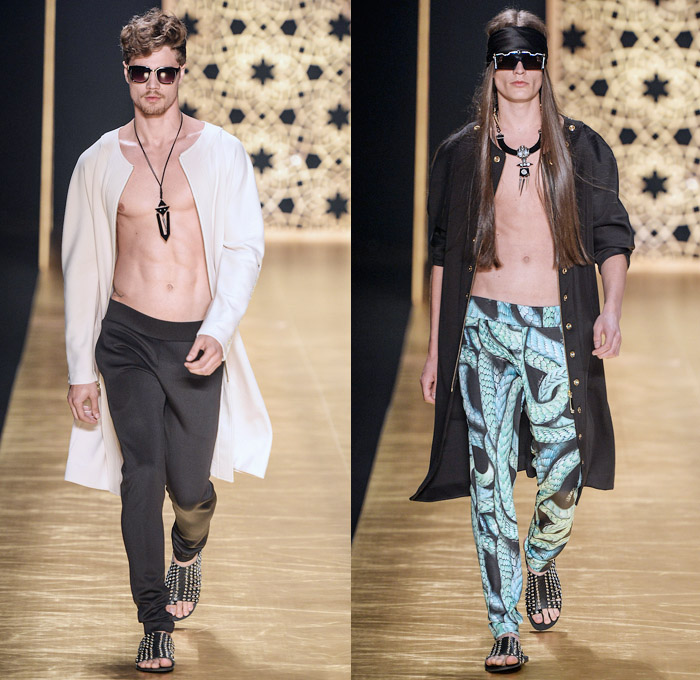 Victor Dzenk 2014 Winter Southern Hemisphere Mens Runway Collection - Fashion Rio Brazil Moda Brasileira - Inverno 2014 Homens Desfiles - Oversized Coats Minimalist Snake Reptile Print Motif Paisley Leaves Grommets Studs Leggings