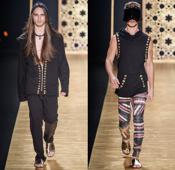 Victor Dzenk 2014 Winter Southern Hemisphere Mens Runway Collection - Fashion Rio Brazil Moda Brasileira - Inverno 2014 Homens Desfiles - Oversized Coats Minimalist Snake Reptile Print Motif Paisley Leaves Grommets Studs Leggings