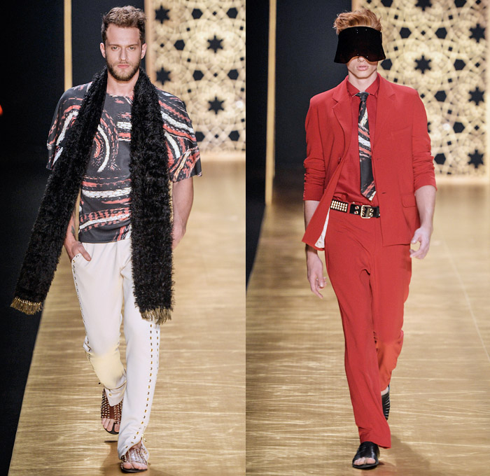 Victor Dzenk 2014 Winter Southern Hemisphere Mens Runway Collection - Fashion Rio Brazil Moda Brasileira - Inverno 2014 Homens Desfiles - Oversized Coats Minimalist Snake Reptile Print Motif Paisley Leaves Grommets Studs Leggings