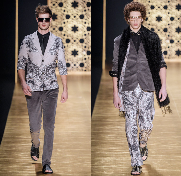 Victor Dzenk 2014 Winter Southern Hemisphere Mens Runway Collection - Fashion Rio Brazil Moda Brasileira - Inverno 2014 Homens Desfiles - Oversized Coats Minimalist Snake Reptile Print Motif Paisley Leaves Grommets Studs Leggings