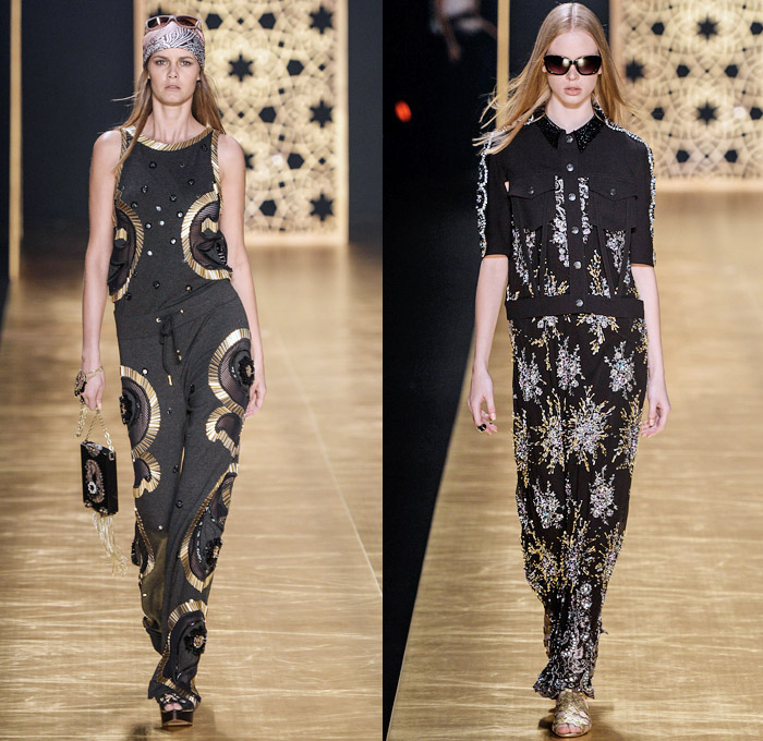 Victor Dzenk 2014 Winter Southern Hemisphere Womens Runway Collection - Fashion Rio Brazil Moda Brasileira - Inverno 2014 Mulheres Desfiles - Gold Metallic Embellishments Bejeweled Sweatpants Trucker Vest Slashed Peek-A-Boo Sheer Chiffon Dress Cardigan Visor Mask Ornamental Cheetah Print