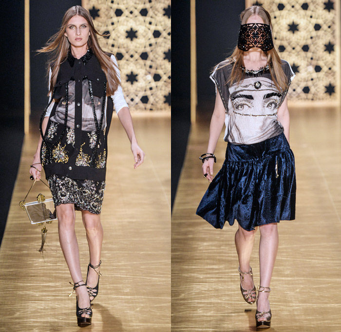 Victor Dzenk 2014 Winter Southern Hemisphere Womens Runway Collection - Fashion Rio Brazil Moda Brasileira - Inverno 2014 Mulheres Desfiles - Gold Metallic Embellishments Bejeweled Sweatpants Trucker Vest Slashed Peek-A-Boo Sheer Chiffon Dress Cardigan Visor Mask Ornamental Cheetah Print