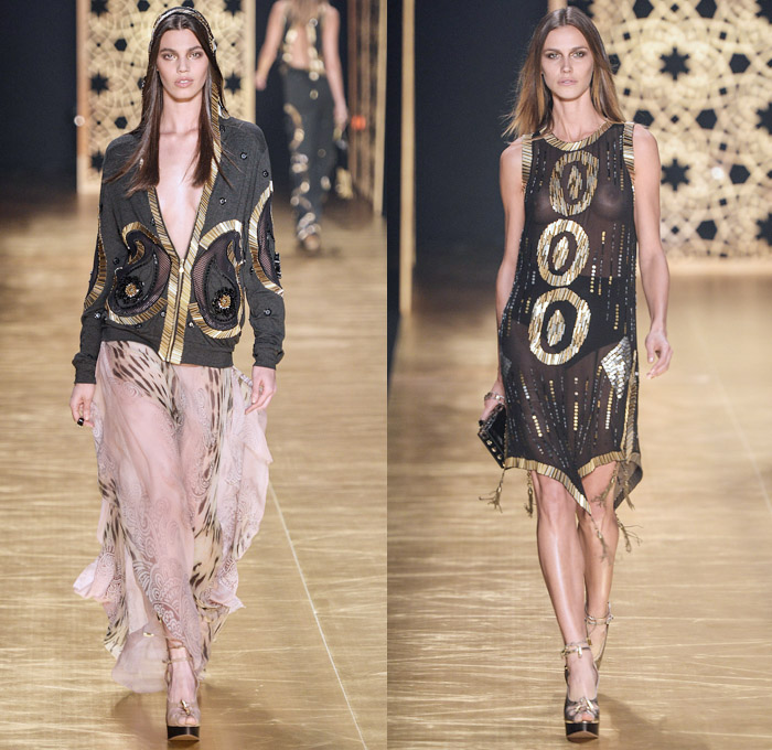 Victor Dzenk 2014 Winter Southern Hemisphere Womens Runway Collection - Fashion Rio Brazil Moda Brasileira - Inverno 2014 Mulheres Desfiles - Gold Metallic Embellishments Bejeweled Sweatpants Trucker Vest Slashed Peek-A-Boo Sheer Chiffon Dress Cardigan Visor Mask Ornamental Cheetah Print