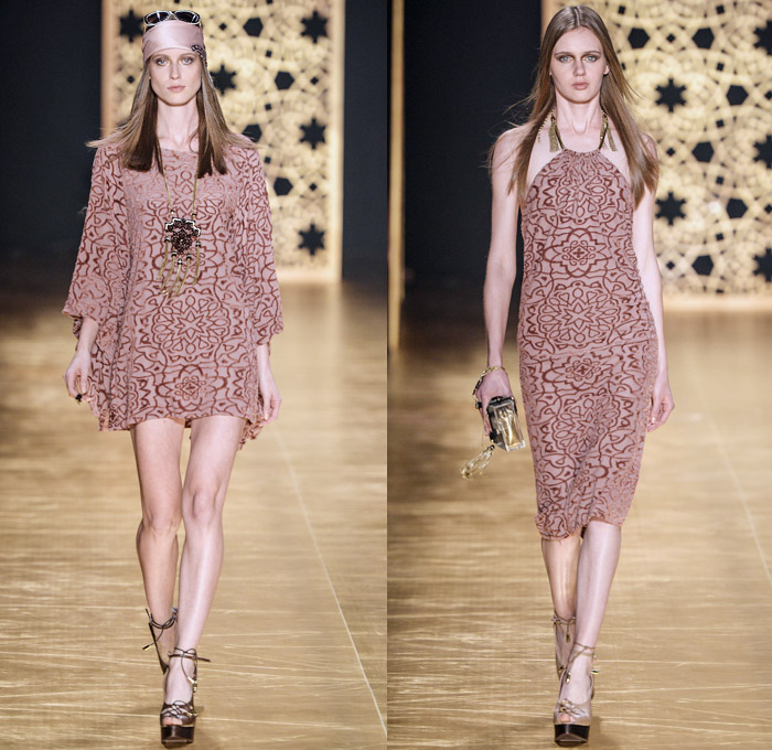 Victor Dzenk 2014 Winter Southern Hemisphere Womens Runway Collection - Fashion Rio Brazil Moda Brasileira - Inverno 2014 Mulheres Desfiles - Gold Metallic Embellishments Bejeweled Sweatpants Trucker Vest Slashed Peek-A-Boo Sheer Chiffon Dress Cardigan Visor Mask Ornamental Cheetah Print