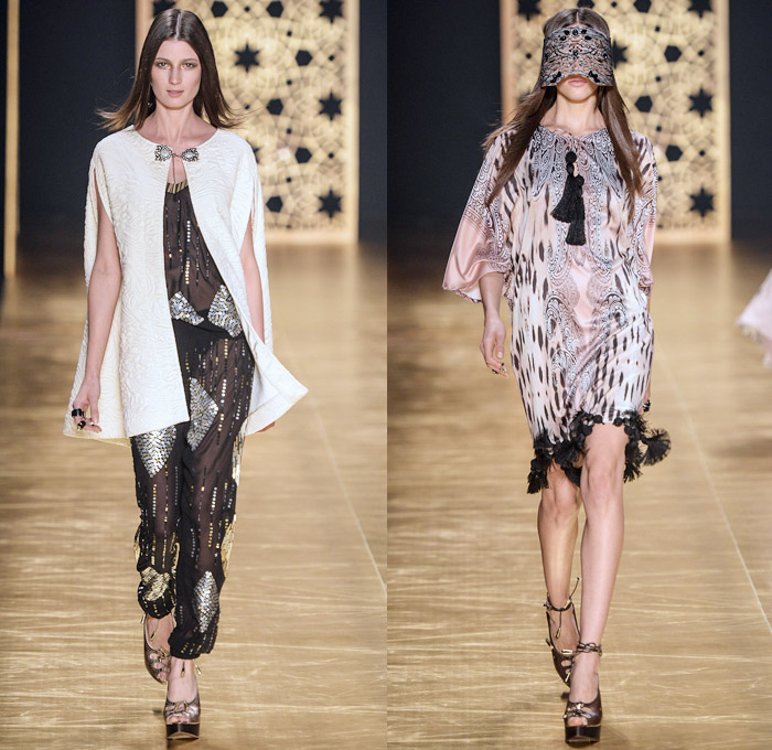 Victor Dzenk 2014 Winter Southern Hemisphere Womens Runway Collection - Fashion Rio Brazil Moda Brasileira - Inverno 2014 Mulheres Desfiles - Gold Metallic Embellishments Bejeweled Sweatpants Trucker Vest Slashed Peek-A-Boo Sheer Chiffon Dress Cardigan Visor Mask Ornamental Cheetah Print