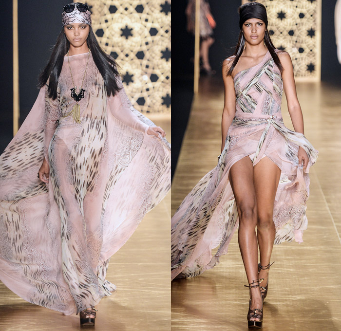 Victor Dzenk 2014 Winter Southern Hemisphere Womens Runway Collection - Fashion Rio Brazil Moda Brasileira - Inverno 2014 Mulheres Desfiles - Gold Metallic Embellishments Bejeweled Sweatpants Trucker Vest Slashed Peek-A-Boo Sheer Chiffon Dress Cardigan Visor Mask Ornamental Cheetah Print