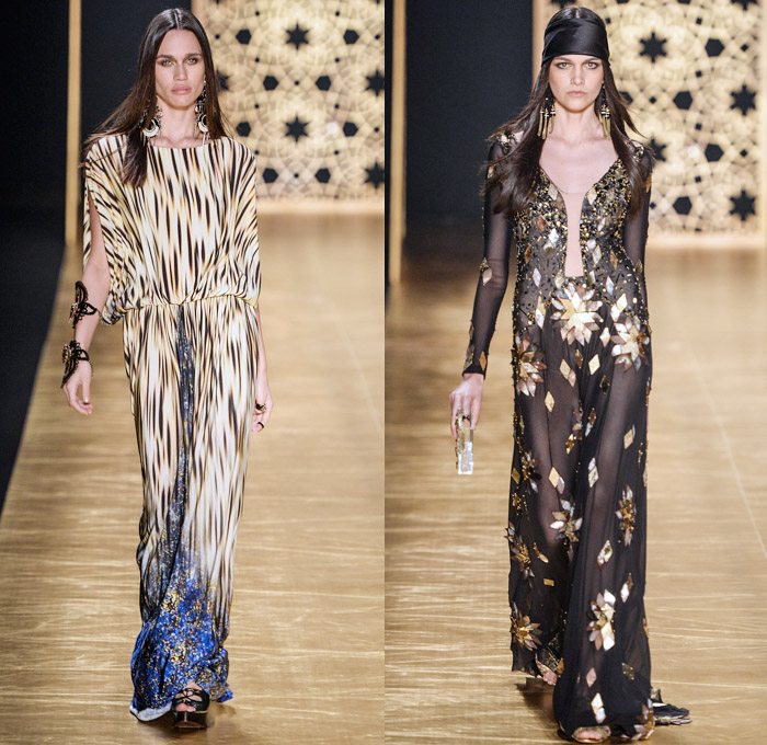 Victor Dzenk 2014 Winter Southern Hemisphere Womens Runway Collection - Fashion Rio Brazil Moda Brasileira - Inverno 2014 Mulheres Desfiles - Gold Metallic Embellishments Bejeweled Sweatpants Trucker Vest Slashed Peek-A-Boo Sheer Chiffon Dress Cardigan Visor Mask Ornamental Cheetah Print