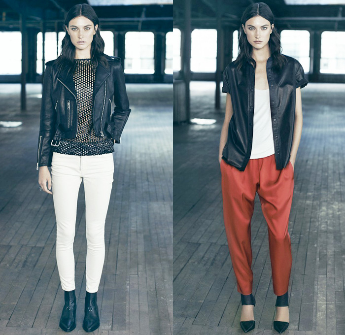 AllSaints 2014 Spring Womens Presentation - New York Fashion Week - White Denim Skinny Jeans Motorcycle Biker Jackets Vests Mesh Leather Draped Coats Lace: Designer Denim Jeans Fashion: Season Collections, Runways, Lookbooks and Linesheets