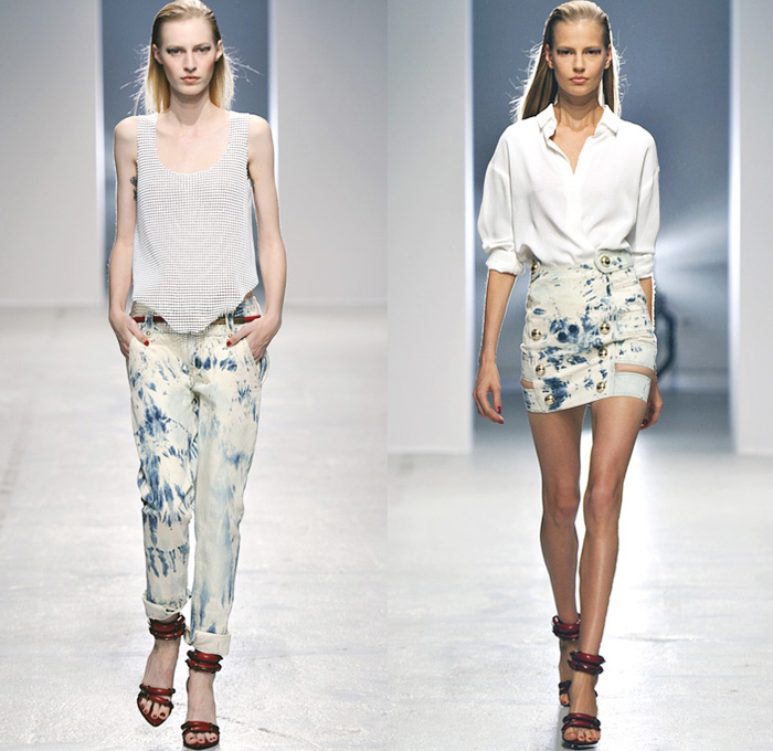 Anthony Vaccarello 2014 Spring Summer Womens Runway Collection - Paris Fashion Week - Mode à Paris - Acid Wash Tie-Dye Bleached Denim Jeans Jacket Skirt Handkerchief Pointed Hem Studded Lace Mesh Peek-A-Boo Romper: Designer Denim Jeans Fashion: Season Collections, Runways, Lookbooks and Linesheets