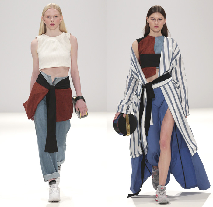 Anton Belinskiy 2014 Spring Summer Womens Runway Collection - London Fashion Week - Ukrainian Culture Slouchy Denim Jeans High Waisted Tie Up Sweater Robe Coat Kimono Trainers Gold Metallic: Designer Denim Jeans Fashion: Season Collections, Runways, Lookbooks and Linesheets