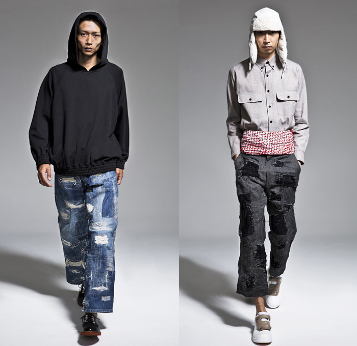 banal chic bizarre 2014 Spring Summer Mens Lookbook Presentation - Tokyo Japan Fashion Week - Designer Shun Nakagawa - Wide Leg Patchwork Destroyed Denim Jeans Cropped Trousers Motorcycle Biker Gauchos Backpack Hooded Sweatshirt Blazer Pirate Stripes: Designer Denim Jeans Fashion: Season Collections, Runways, Lookbooks and Linesheets