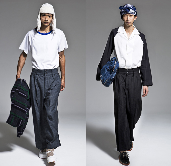 banal chic bizarre 2014 Spring Summer Mens Lookbook Presentation - Tokyo Japan Fashion Week - Designer Shun Nakagawa - Wide Leg Patchwork Destroyed Denim Jeans Cropped Trousers Motorcycle Biker Gauchos Backpack Hooded Sweatshirt Blazer Pirate Stripes: Designer Denim Jeans Fashion: Season Collections, Runways, Lookbooks and Linesheets