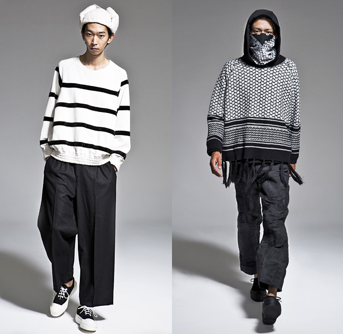 banal chic bizarre 2014 Spring Summer Mens Lookbook Presentation - Tokyo Japan Fashion Week - Designer Shun Nakagawa - Wide Leg Patchwork Destroyed Denim Jeans Cropped Trousers Motorcycle Biker Gauchos Backpack Hooded Sweatshirt Blazer Pirate Stripes: Designer Denim Jeans Fashion: Season Collections, Runways, Lookbooks and Linesheets