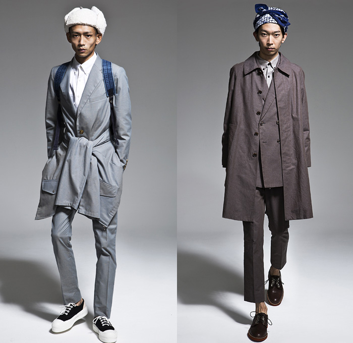 banal chic bizarre 2014 Spring Summer Mens Lookbook Presentation - Tokyo Japan Fashion Week - Designer Shun Nakagawa - Wide Leg Patchwork Destroyed Denim Jeans Cropped Trousers Motorcycle Biker Gauchos Backpack Hooded Sweatshirt Blazer Pirate Stripes: Designer Denim Jeans Fashion: Season Collections, Runways, Lookbooks and Linesheets