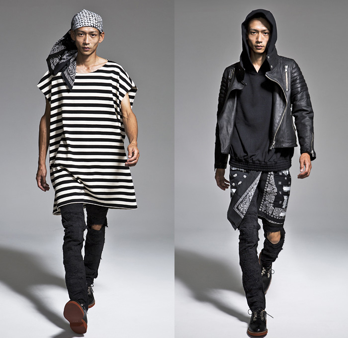 banal chic bizarre 2014 Spring Summer Mens Lookbook Presentation - Tokyo Japan Fashion Week - Designer Shun Nakagawa - Wide Leg Patchwork Destroyed Denim Jeans Cropped Trousers Motorcycle Biker Gauchos Backpack Hooded Sweatshirt Blazer Pirate Stripes: Designer Denim Jeans Fashion: Season Collections, Runways, Lookbooks and Linesheets