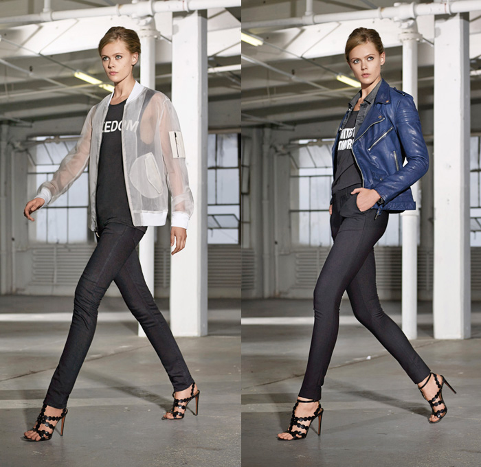 BLK DNM 2014 Spring Womens Lookbook Presentation - New York Fashion Week - BLK DNM by Johan Lindeberg - Denim Jeans Motorcycle Biker Panels Sheer Peek-A-Boo Fabrics Word Art: Designer Denim Jeans Fashion: Season Collections, Runways, Lookbooks and Linesheets