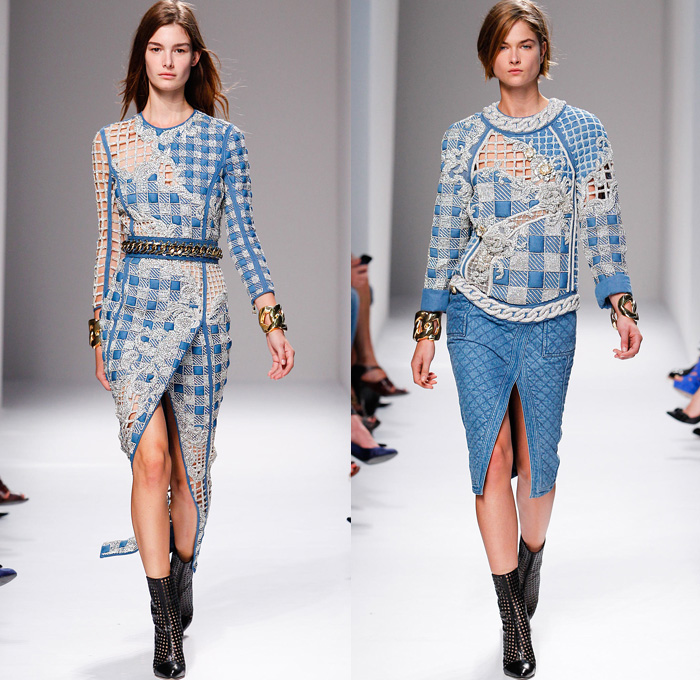 Balmain 2014 Spring Summer Womens Runway Collection - Paris Fashion Week - Pierre Balmain at Mode à Paris - Denim Jeans Embroidery Houndstooth Quilted Checks Ruffles Jumpsuits Mesh Peek-A-Boo Sheer Lace Kimono Gold Chains : Designer Denim Jeans Fashion: Season Collections, Runways, Lookbooks and Linesheets