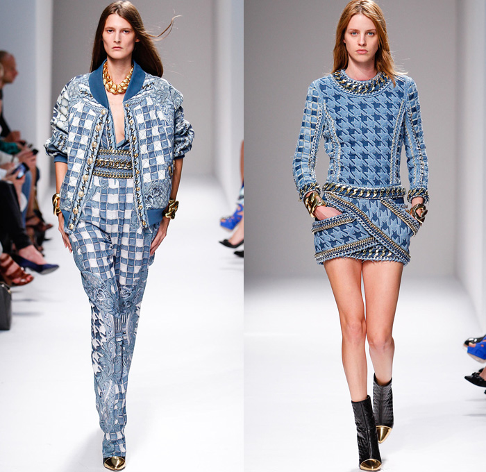 Balmain 2014 Spring Summer Womens Runway Collection - Paris Fashion Week - Pierre Balmain at Mode à Paris - Denim Jeans Embroidery Houndstooth Quilted Checks Ruffles Jumpsuits Mesh Peek-A-Boo Sheer Lace Kimono Gold Chains : Designer Denim Jeans Fashion: Season Collections, Runways, Lookbooks and Linesheets