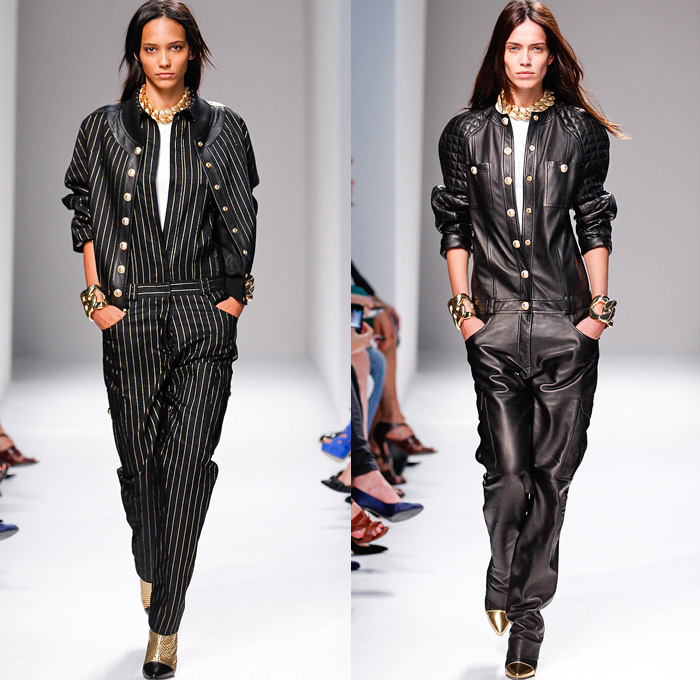 Balmain 2014 Spring Summer Womens Runway Collection - Paris Fashion Week - Pierre Balmain at Mode à Paris - Denim Jeans Embroidery Houndstooth Quilted Checks Ruffles Jumpsuits Mesh Peek-A-Boo Sheer Lace Kimono Gold Chains : Designer Denim Jeans Fashion: Season Collections, Runways, Lookbooks and Linesheets