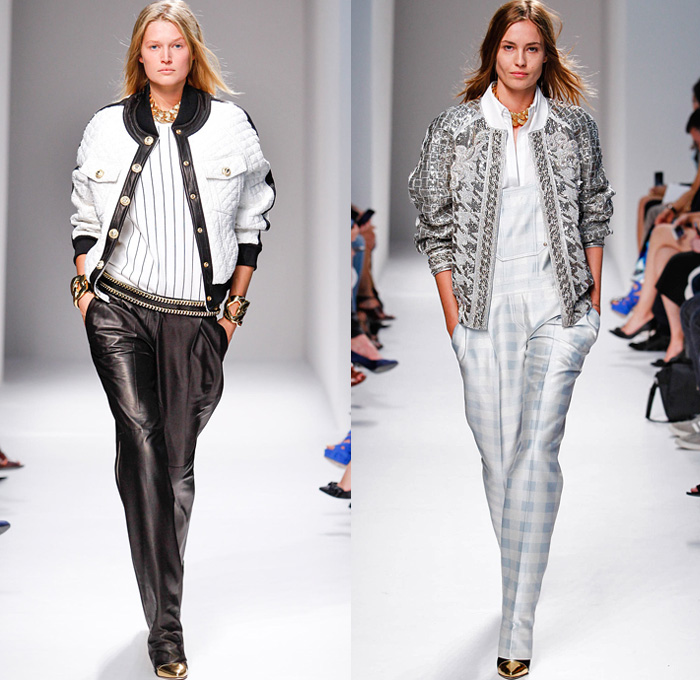 Balmain 2014 Spring Summer Womens Runway Collection - Paris Fashion Week - Pierre Balmain at Mode à Paris - Denim Jeans Embroidery Houndstooth Quilted Checks Ruffles Jumpsuits Mesh Peek-A-Boo Sheer Lace Kimono Gold Chains : Designer Denim Jeans Fashion: Season Collections, Runways, Lookbooks and Linesheets