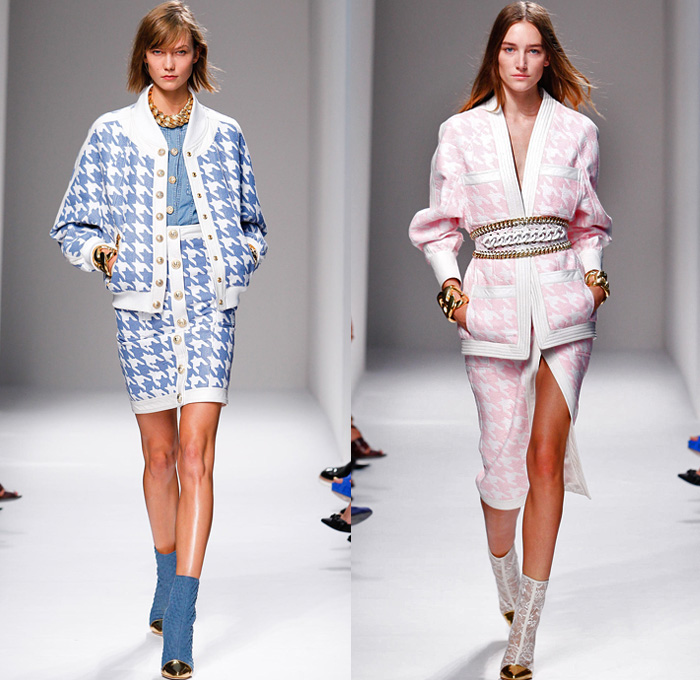 Balmain 2014 Spring Summer Womens Runway Collection - Paris Fashion Week - Pierre Balmain at Mode à Paris - Denim Jeans Embroidery Houndstooth Quilted Checks Ruffles Jumpsuits Mesh Peek-A-Boo Sheer Lace Kimono Gold Chains : Designer Denim Jeans Fashion: Season Collections, Runways, Lookbooks and Linesheets