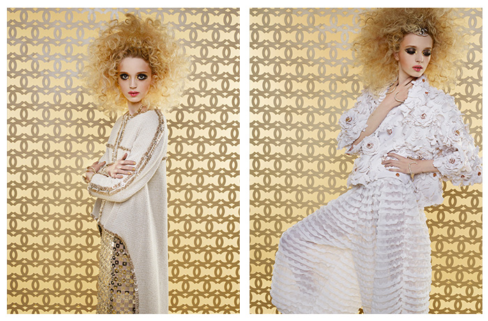 Chanel The Spirit of the Cruise 2014-2015 Collection - Dubai United Arab Emirates UAE - Dovetail Sequins 3D Embellishment Flowers Florals Wide Leg Trousers Palazzo Pants Mummy Wrap Bandage Wrap Fringes Harem Pants Blouse Tweed Checks Tunic Print Motif Dress Sheer Chiffon Peek-A-Boo Fabric