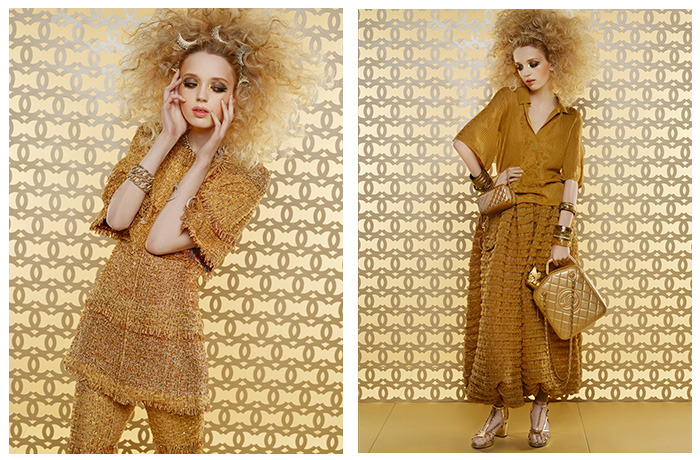 Chanel The Spirit of the Cruise 2014-2015 Collection - Dubai United Arab Emirates UAE - Dovetail Sequins 3D Embellishment Flowers Florals Wide Leg Trousers Palazzo Pants Mummy Wrap Bandage Wrap Fringes Harem Pants Blouse Tweed Checks Tunic Print Motif Dress Sheer Chiffon Peek-A-Boo Fabric