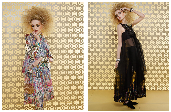 Chanel The Spirit of the Cruise 2014-2015 Collection - Dubai United Arab Emirates UAE - Dovetail Sequins 3D Embellishment Flowers Florals Wide Leg Trousers Palazzo Pants Mummy Wrap Bandage Wrap Fringes Harem Pants Blouse Tweed Checks Tunic Print Motif Dress Sheer Chiffon Peek-A-Boo Fabric